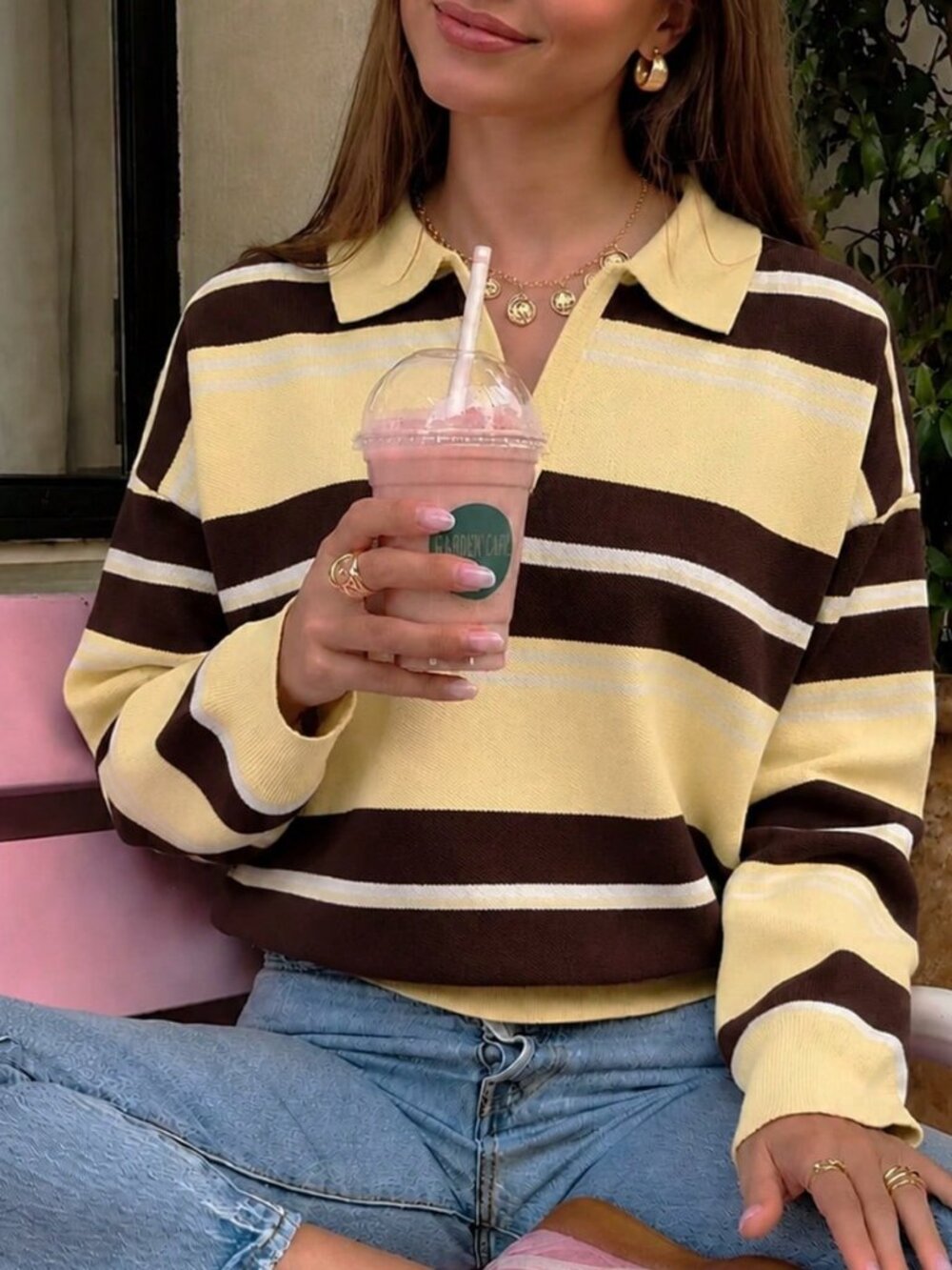 Yellow Brown Casual Women's Loose Long-Sleeved Pullover Top
